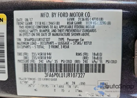 2018 Ford Fusion Se Hybrid из США, поврежденный, VIN 3FA6P0LU1JR107327